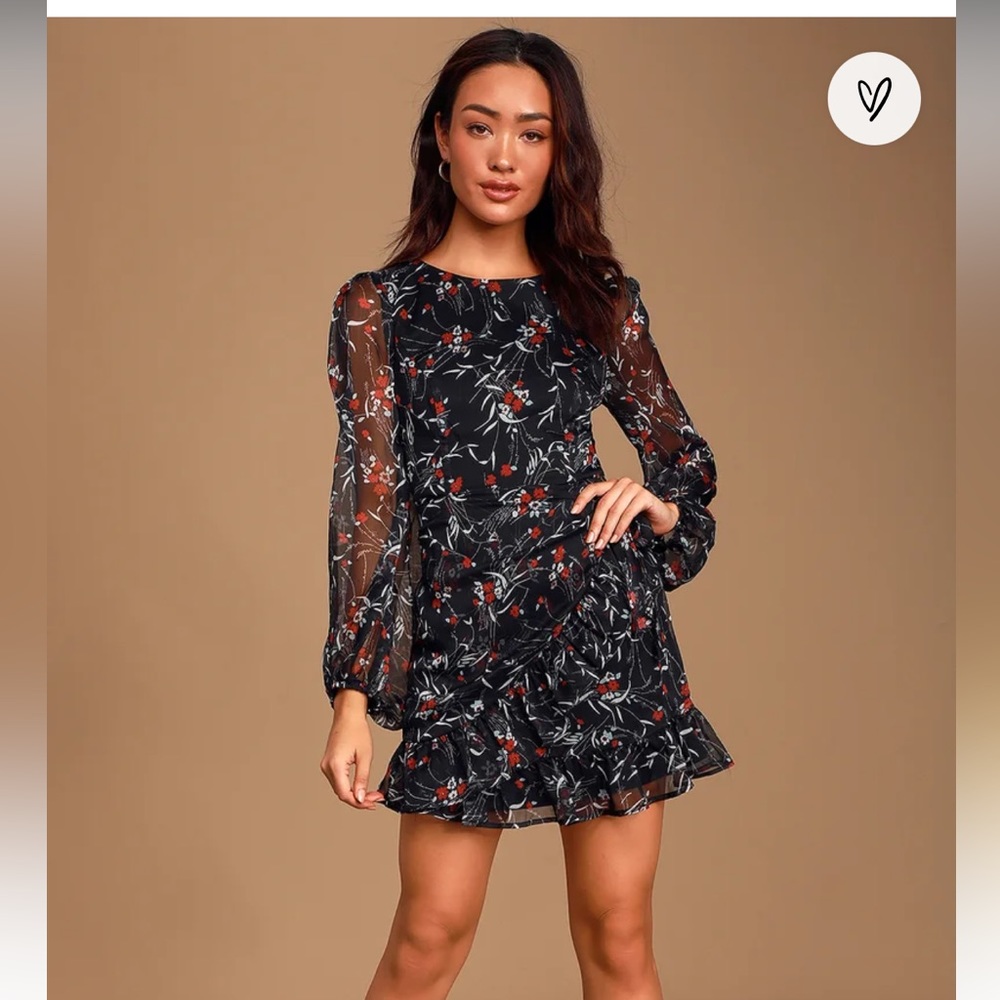Lulus black floral chiffon mini dress